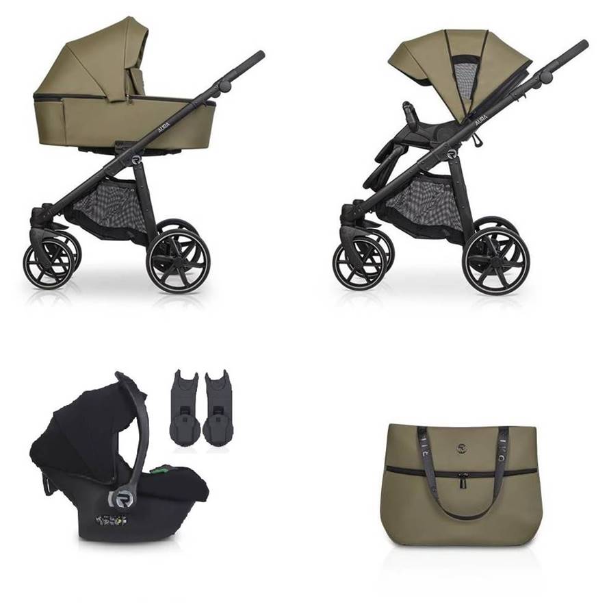 Wózek 3w1 Riko Aura w kolorze 05 khaki, z gondolą, spacerówką i fotelikiem, kompatybilny z adapterami Cosmo i Maxi-Cosi, dostępny w sklepie Dadi-Shop.